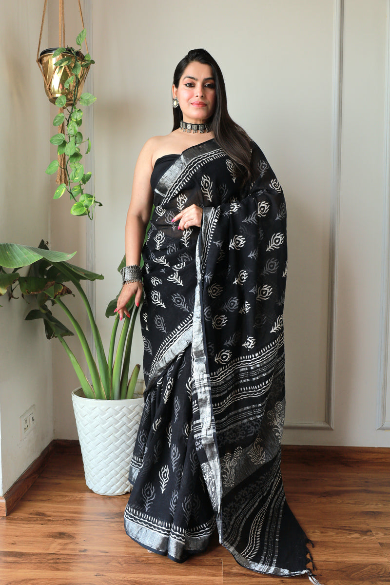 Hand Block Printed Black Lilen Saree