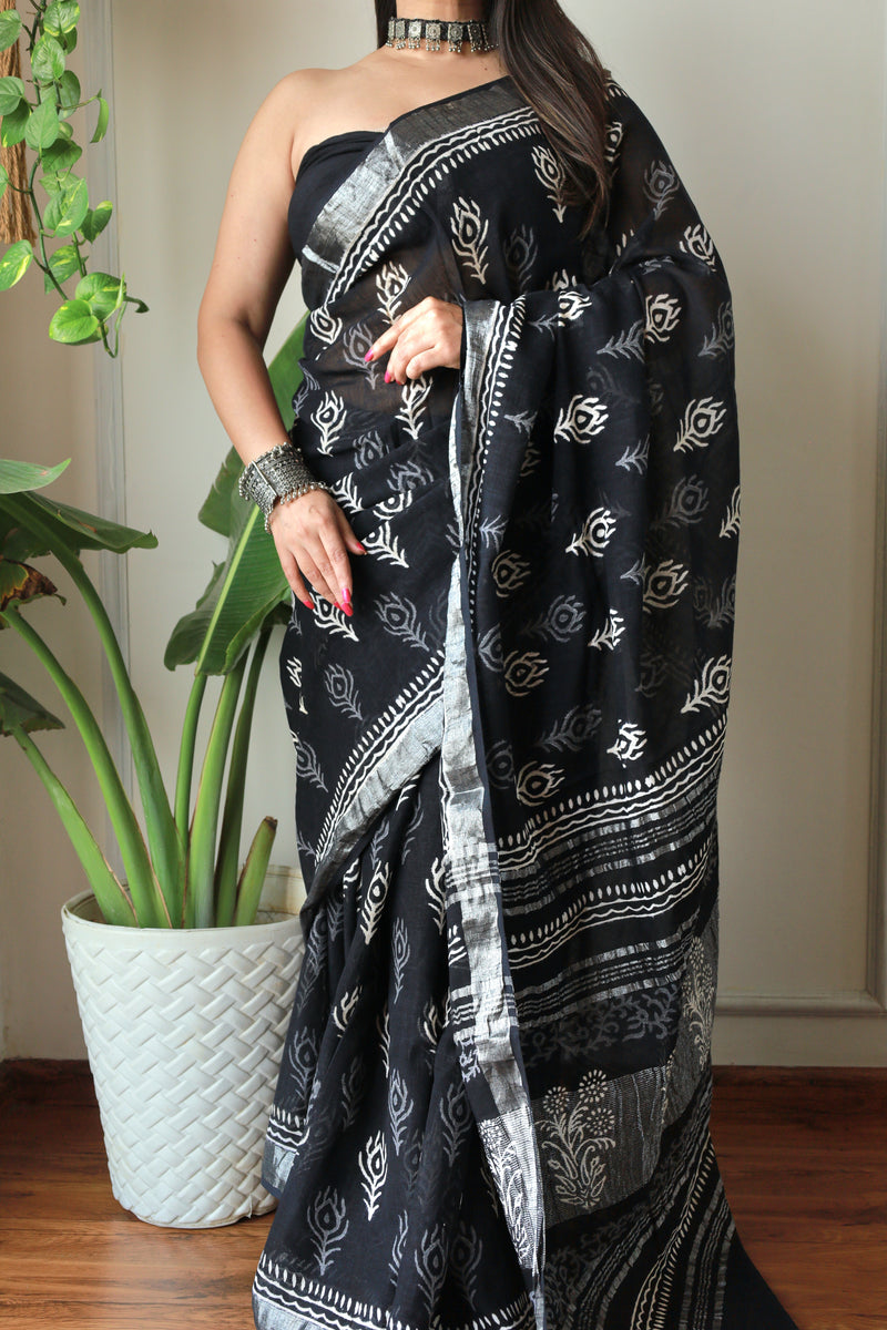 Hand Block Printed Black Lilen Saree