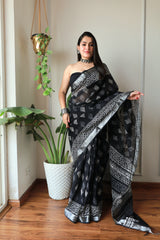 Hand Block Printed Black Cotton Lilen Saree