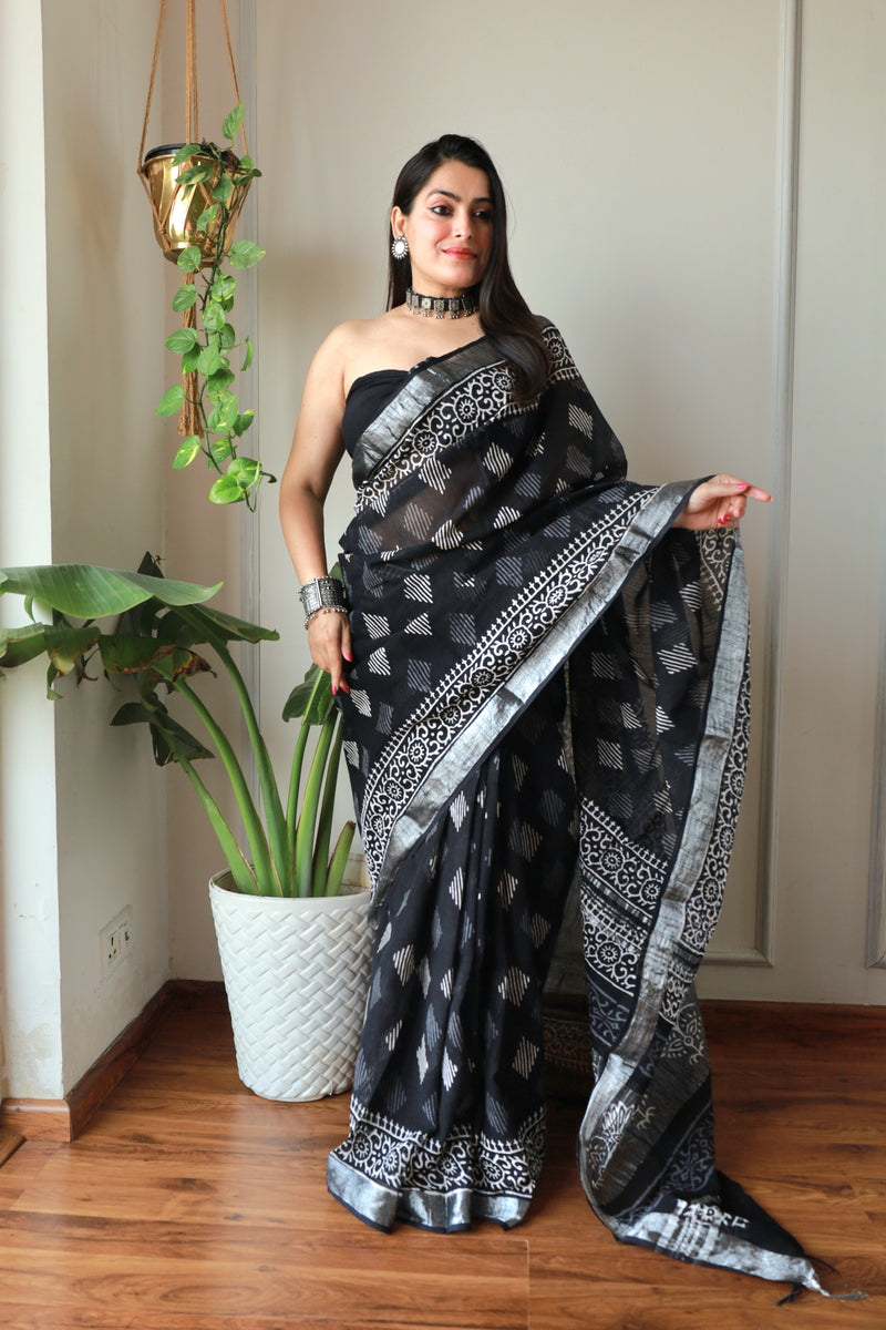 Hand Block Printed Black Cotton Lilen Saree