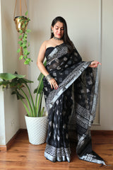 Hand Block Printed Black Cotton Lilen Saree