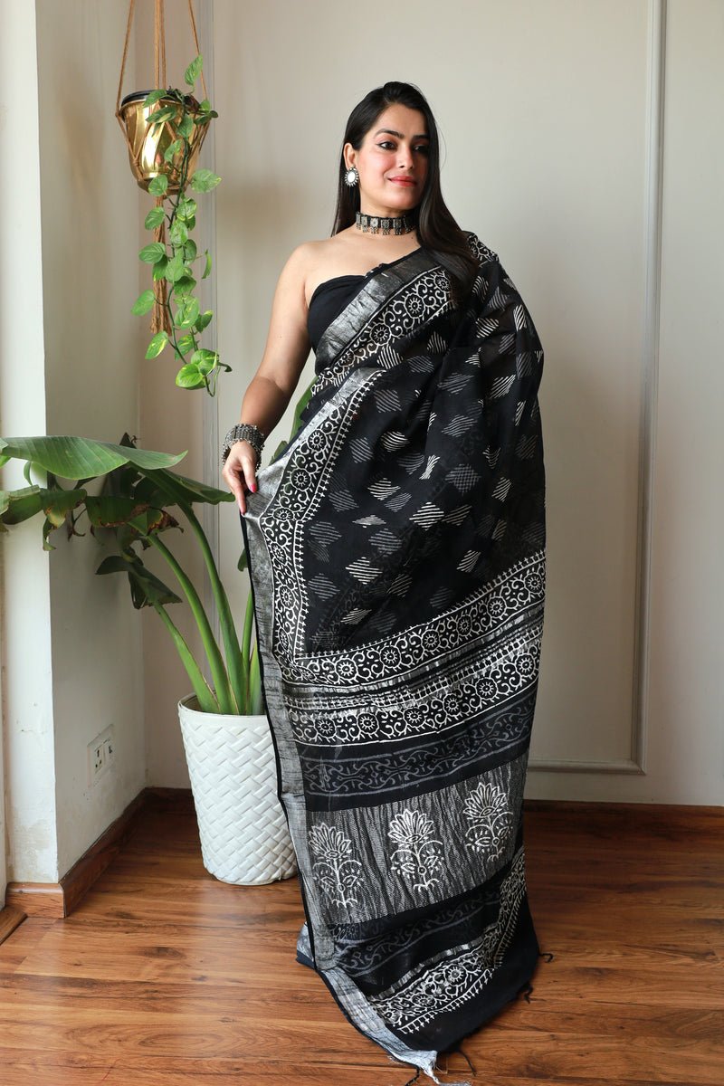 Hand Block Printed Black Cotton Lilen Saree