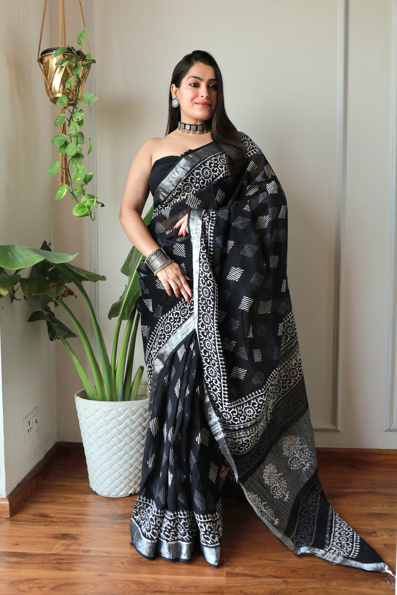 Hand Block Printed Black Cotton Lilen Saree