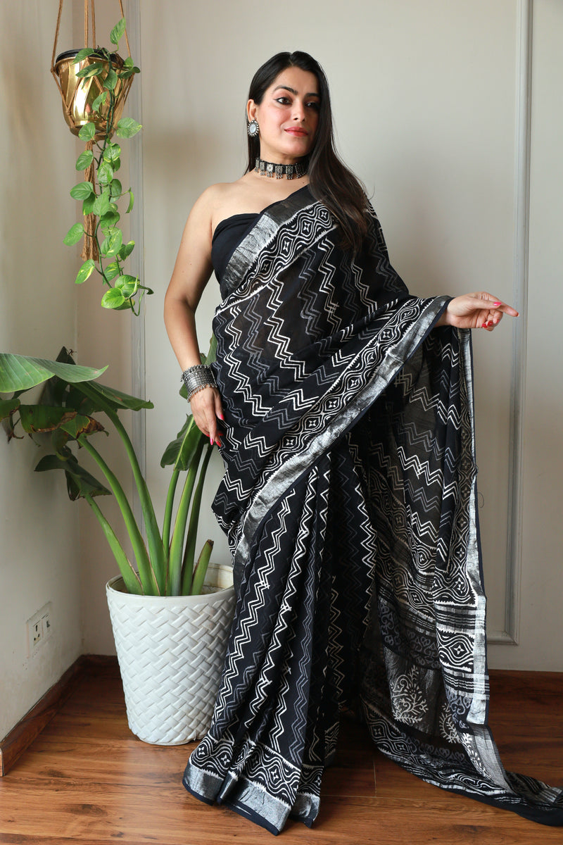 Hand Block Printed Black Cotton Lilen Saree