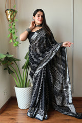 Hand Block Printed Black Cotton Lilen Saree