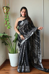 Hand Block Printed Black Cotton Lilen Saree