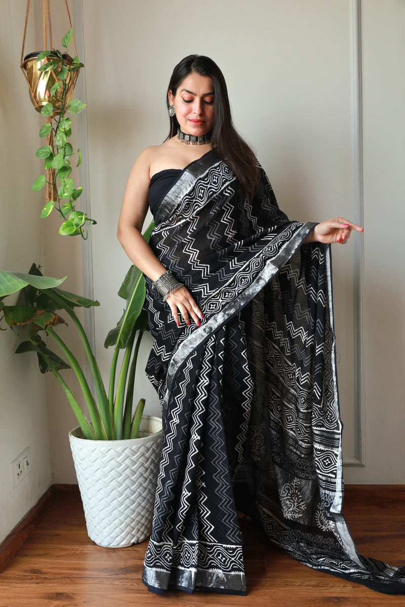 Hand Block Printed Black Cotton Lilen Saree