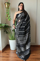 Hand Block Printed Black Cotton Lilen Saree