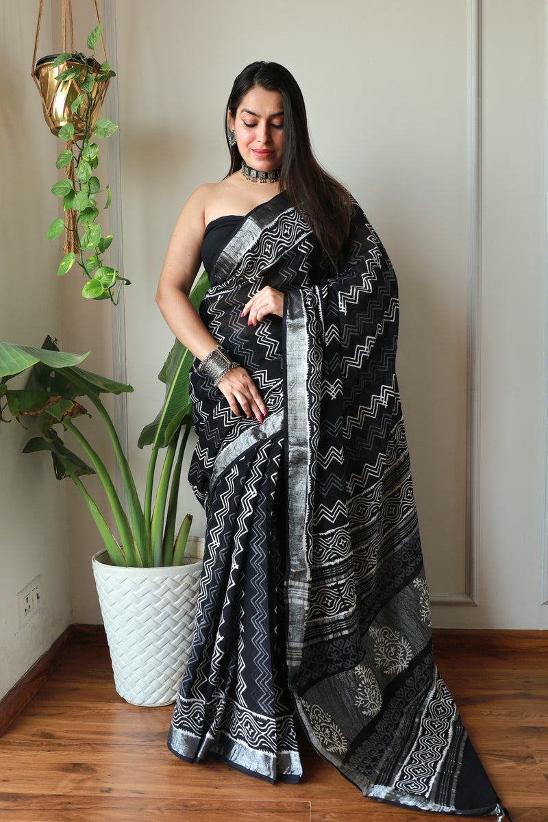 Hand Block Printed Black Cotton Lilen Saree