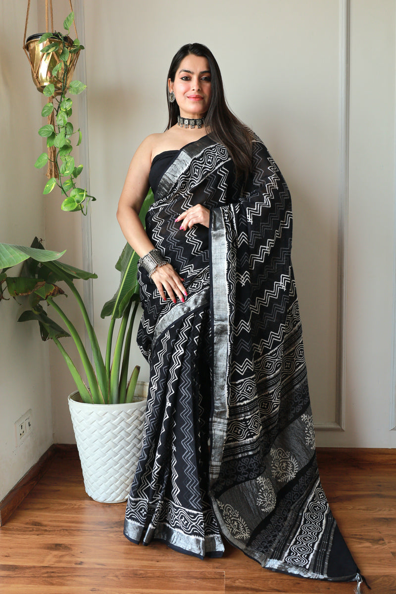 Hand Block Printed Black Cotton Lilen Saree