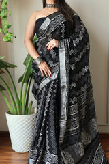 Hand Block Printed Black Cotton Lilen Saree