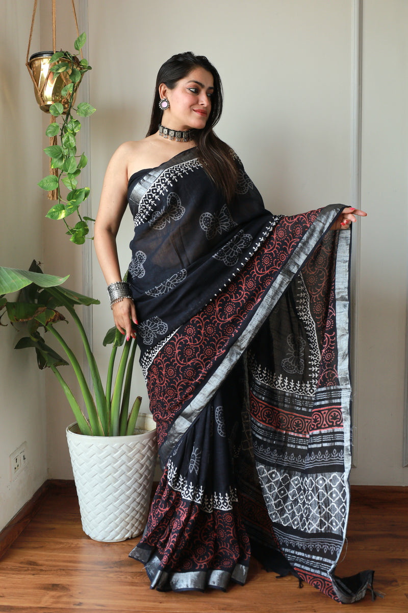 Hand Block Printed Black Cotton Lilen Saree