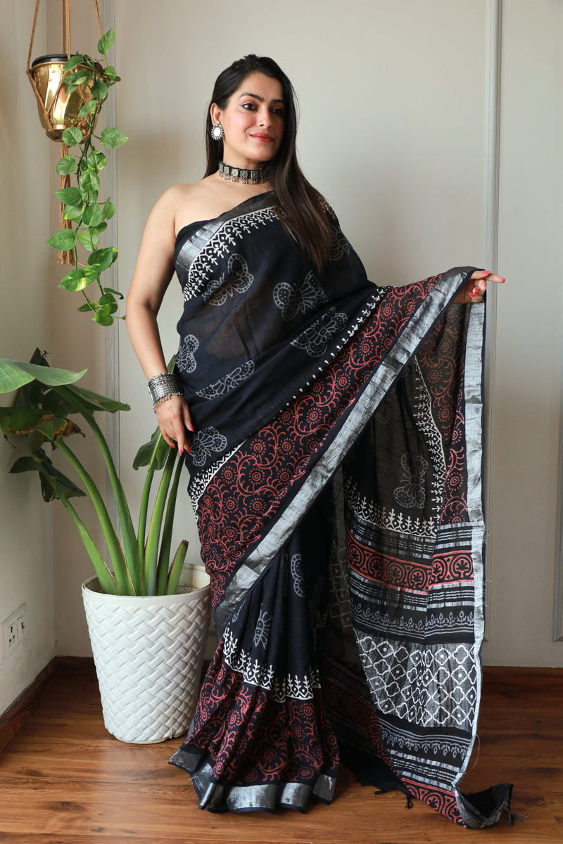 Hand Block Printed Black Cotton Lilen Saree