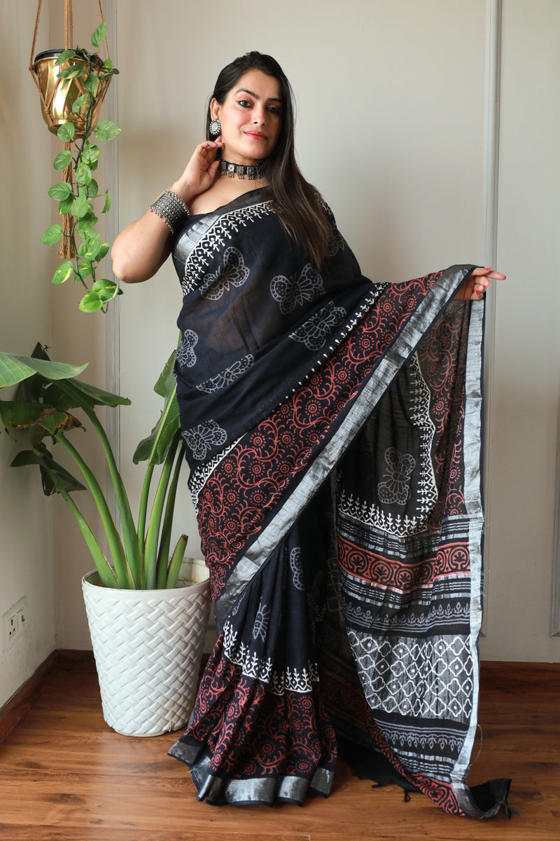 Hand Block Printed Black Cotton Lilen Saree