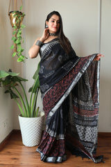 Hand Block Printed Black Cotton Lilen Saree