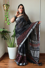 Hand Block Printed Black Cotton Lilen Saree