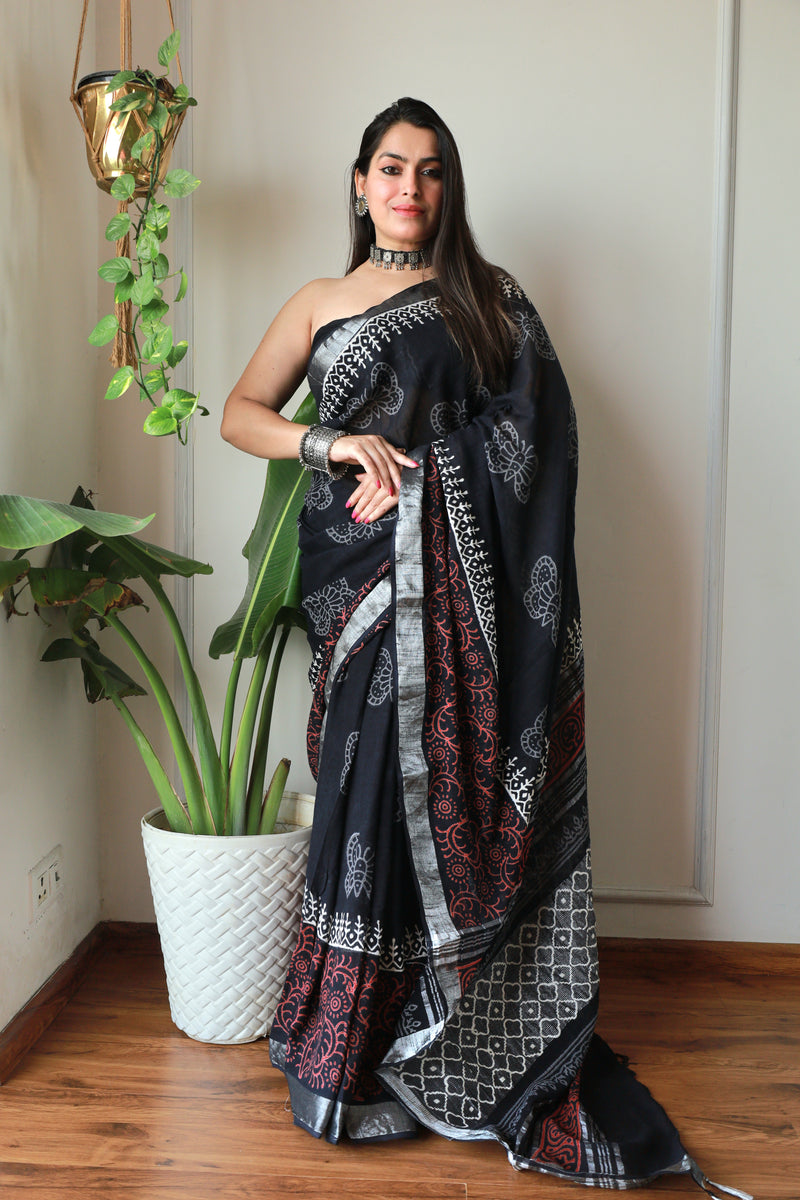 Hand Block Printed Black Cotton Lilen Saree