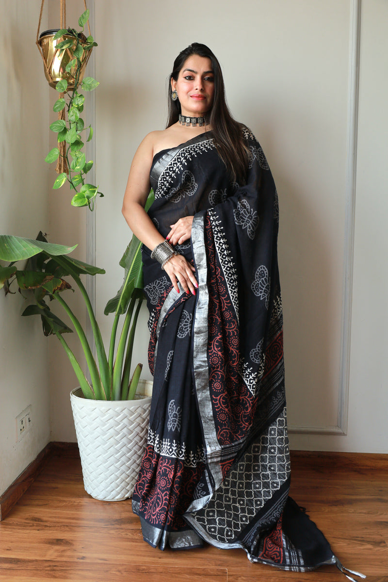 Hand Block Printed Black Cotton Lilen Saree