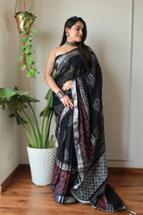 Hand Block Printed Black Cotton Lilen Saree