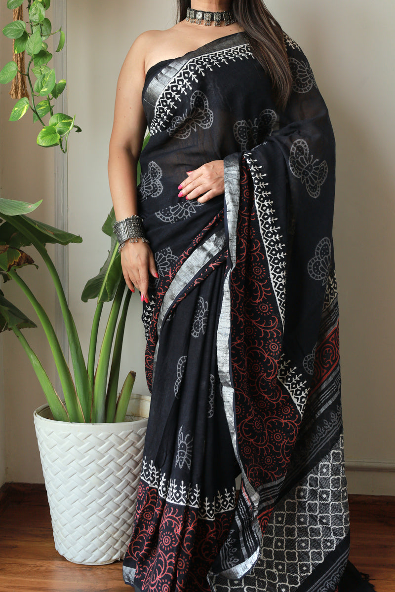 Hand Block Printed Black Cotton Lilen Saree