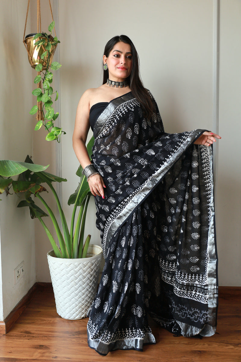 Hand Block Printed Black Lilen Saree