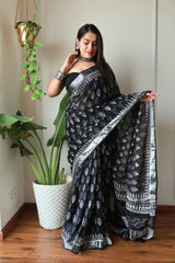 Hand Block Printed Black Lilen Saree