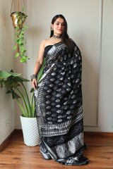 Hand Block Printed Black Lilen Saree