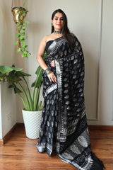 Hand Block Printed Black Lilen Saree