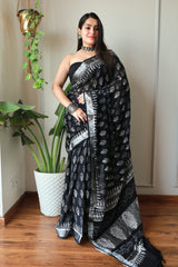 Hand Block Printed Black Lilen Saree