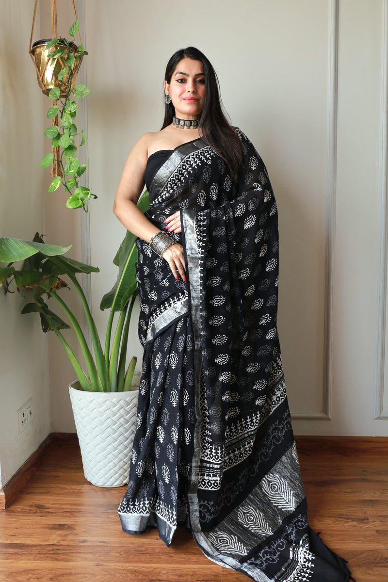 Hand Block Printed Black Lilen Saree