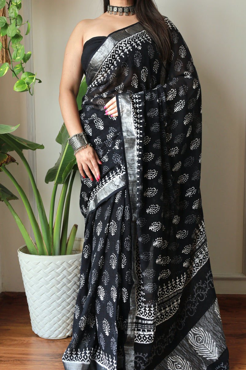 Hand Block Printed Black Lilen Saree