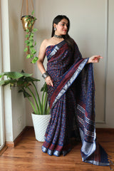 Hand Block Printed Cotton Lilen Saree