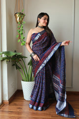 Hand Block Printed Cotton Lilen Saree