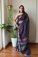 Hand Block Printed Cotton Lilen Saree