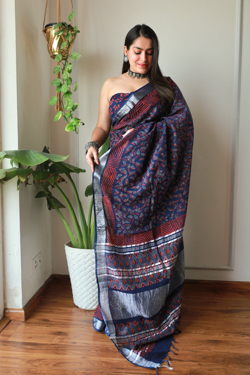 Hand Block Printed Cotton Lilen Saree