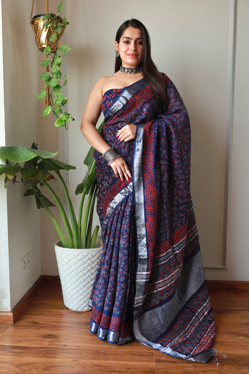 Hand Block Printed Cotton Lilen Saree