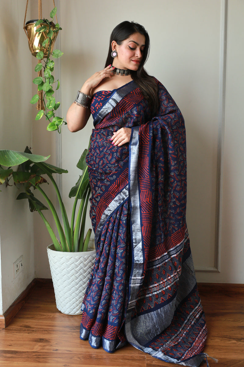 Hand Block Printed Cotton Lilen Saree