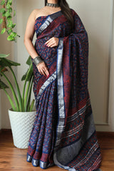 Hand Block Printed Cotton Lilen Saree