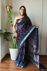 Bagru Printed Lilen Saree with blouse