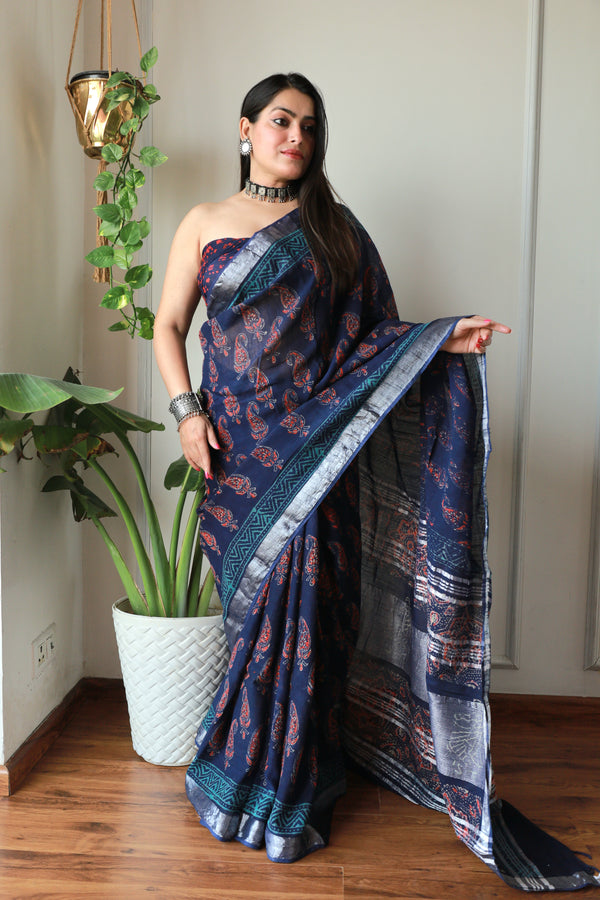 Bagru Printed Lilen Saree with blouse