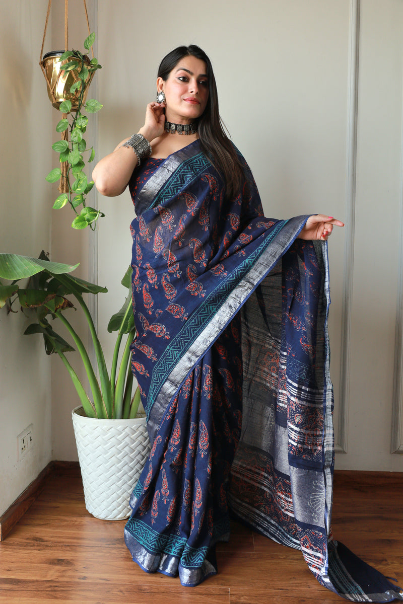 Bagru Printed Lilen Saree with blouse