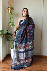 Bagru Printed Lilen Saree with blouse