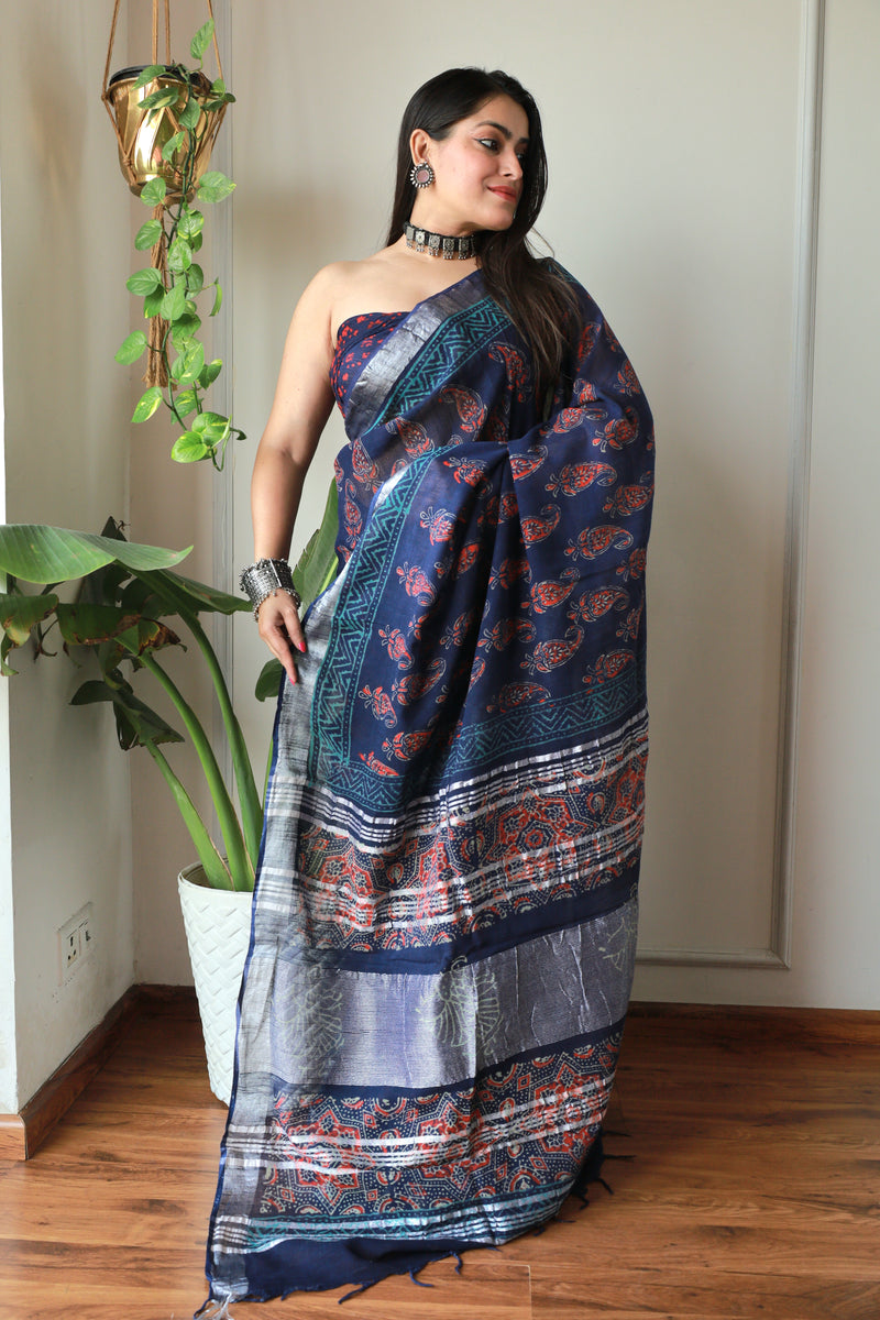 Bagru Printed Lilen Saree with blouse