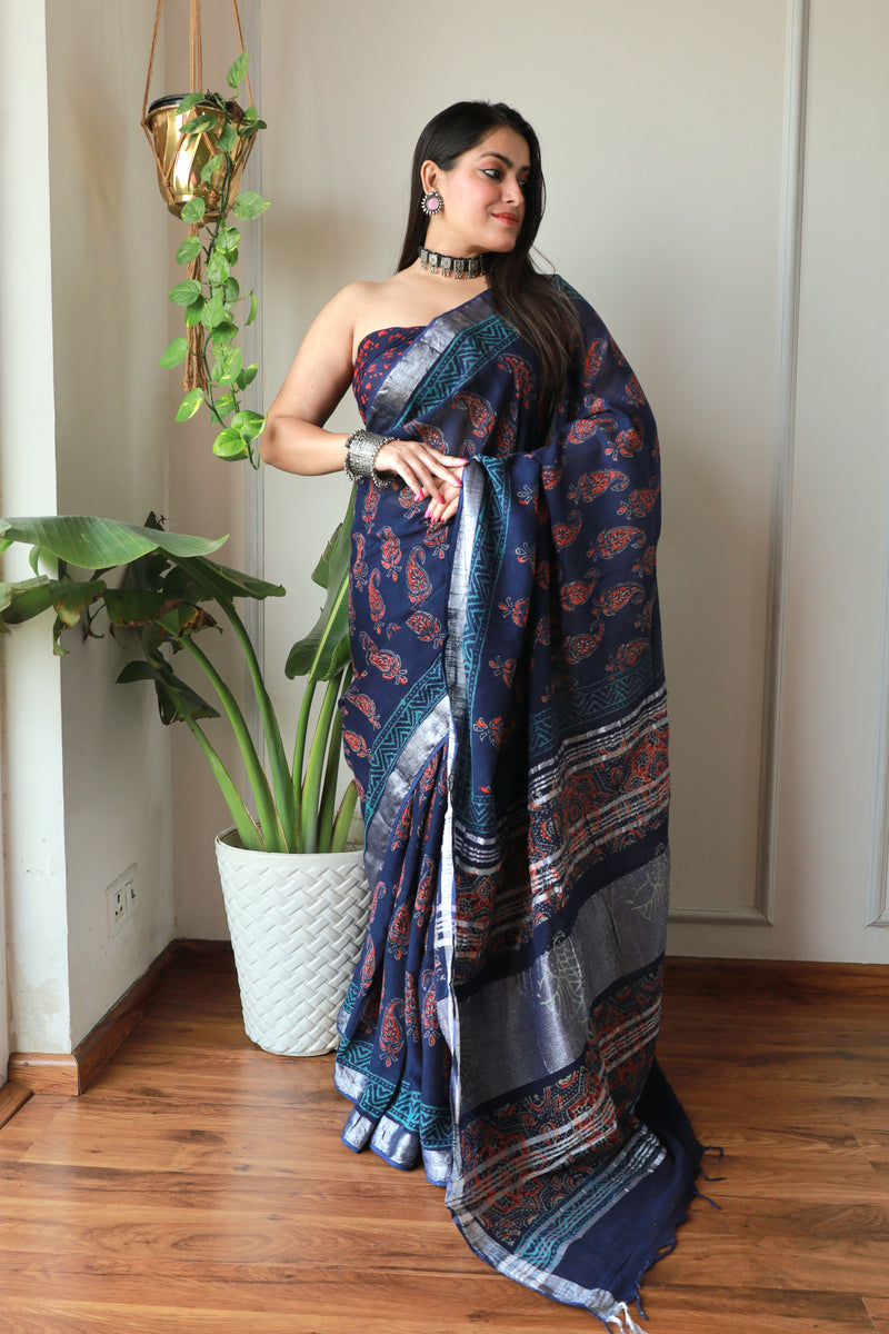 Bagru Printed Lilen Saree with blouse