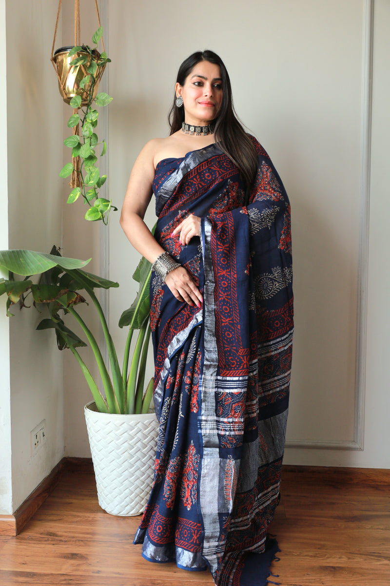 Mosam Ke Rang Indigo  Cotton Lilen Saree