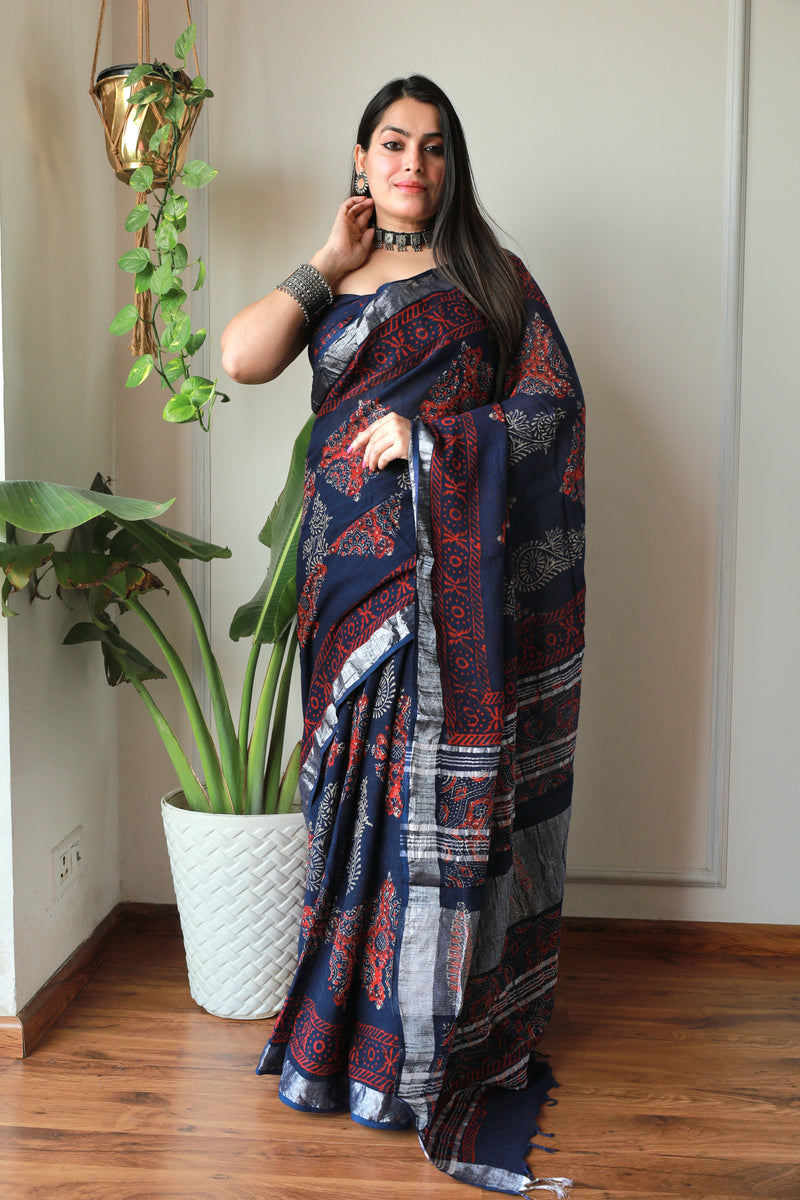 Mosam Ke Rang Indigo  Cotton Lilen Saree