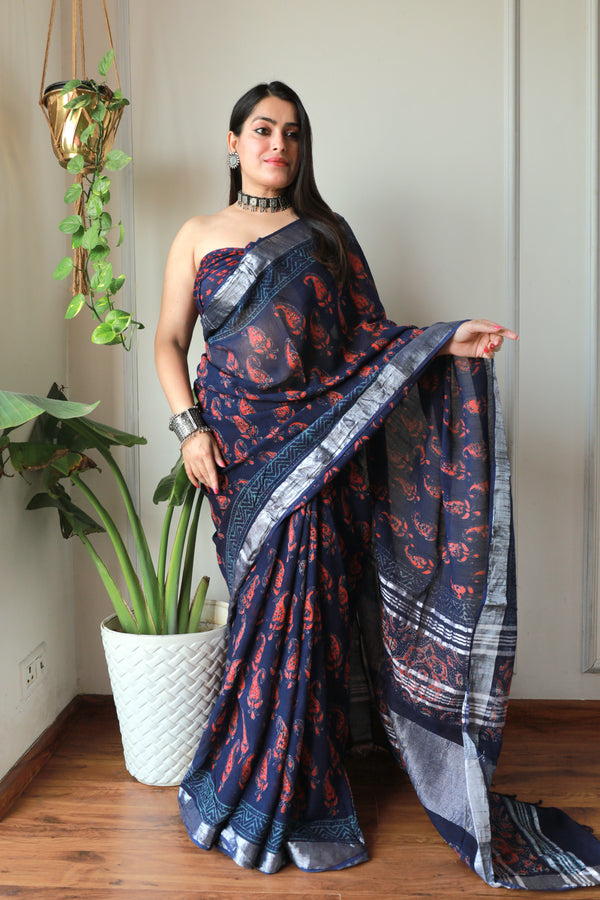 Bagru Hand Block Printed Lilen Saree