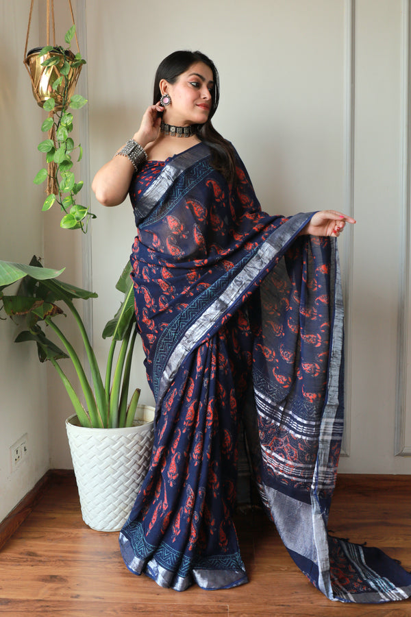 Bagru Hand Block Printed Lilen Saree