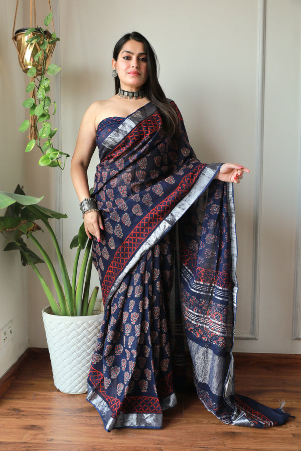 Bagru Hand Block Printed Lilen Saree