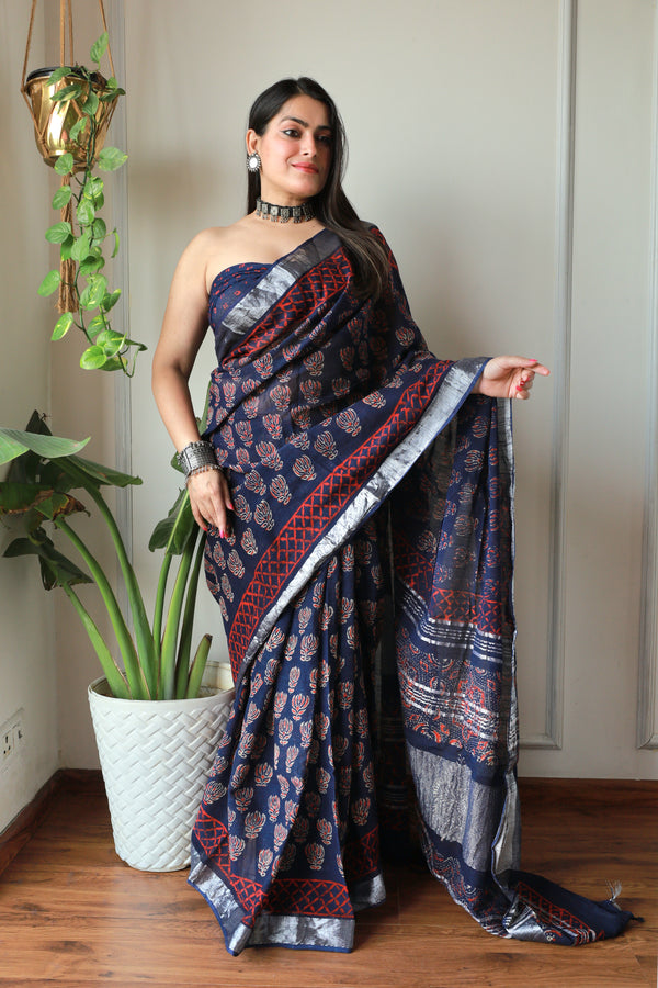 Bagru Hand Block Printed Lilen Saree